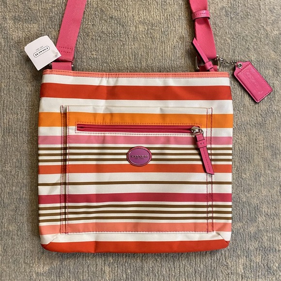 Coach Crossbody Bag Womens Medium Multicolor Stripe Nylon Pink Strap F31962 - Picture 2 of 16